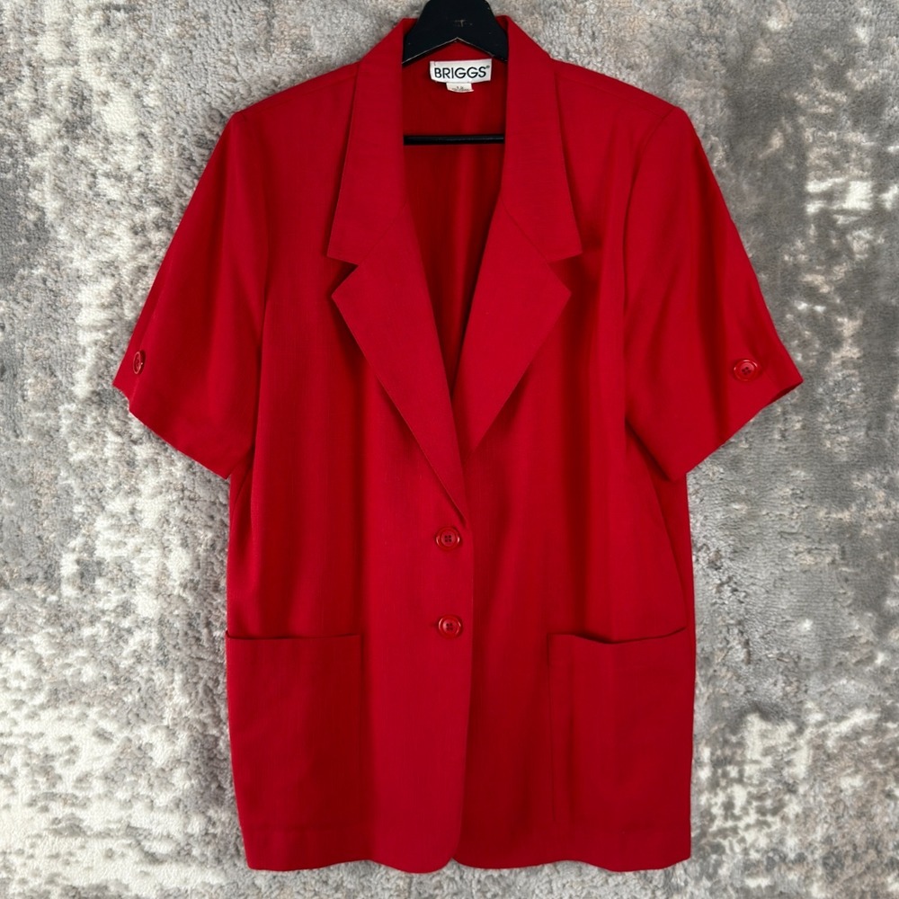 Briggs Size 12 Notched Blazer Jacket Red Career Short Sleeve Button V Neck